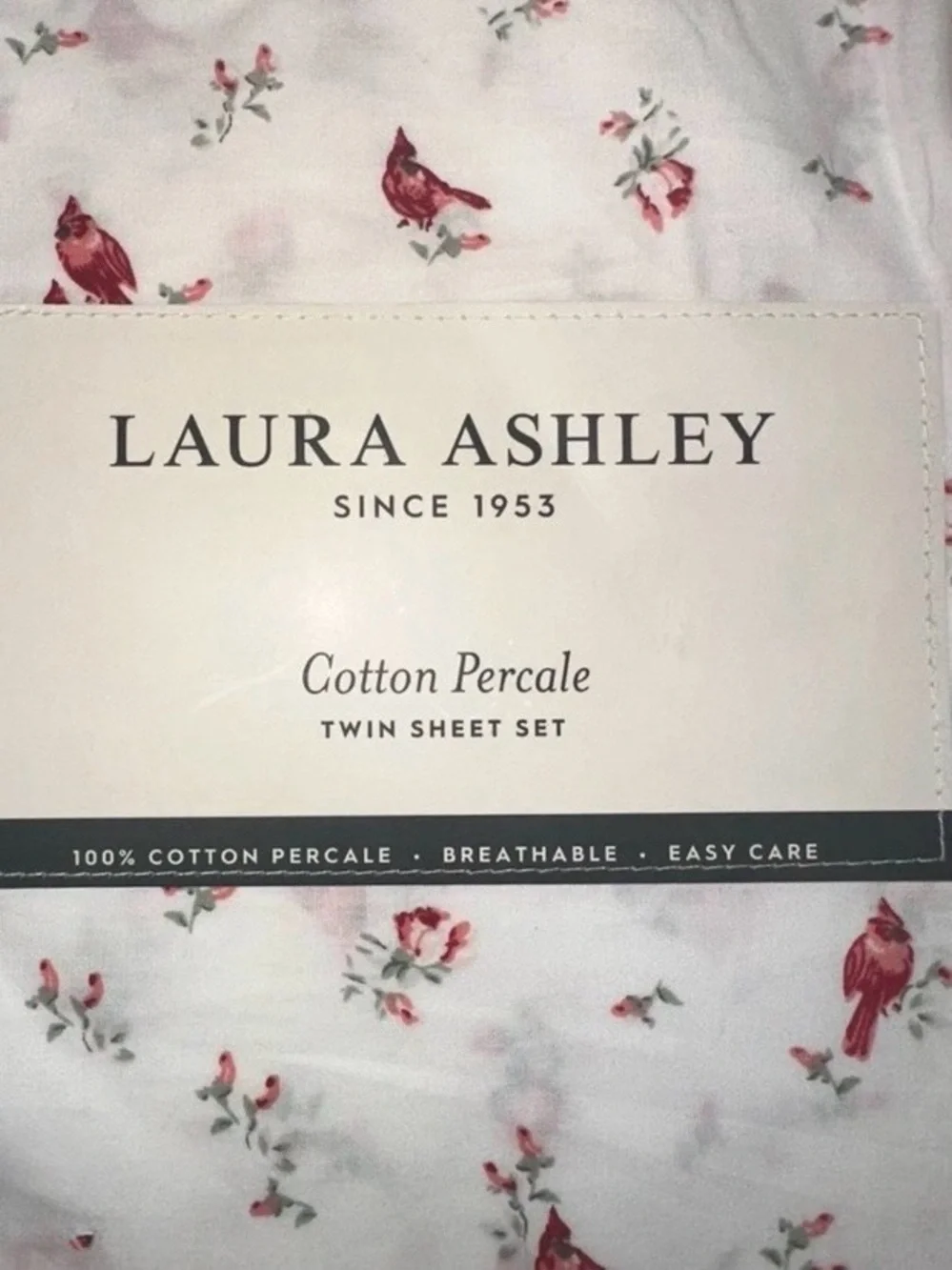 Laura Ashley RED CARDINAL Birds Holly Sheet Set TWIN ~ NEW Cotton Percale